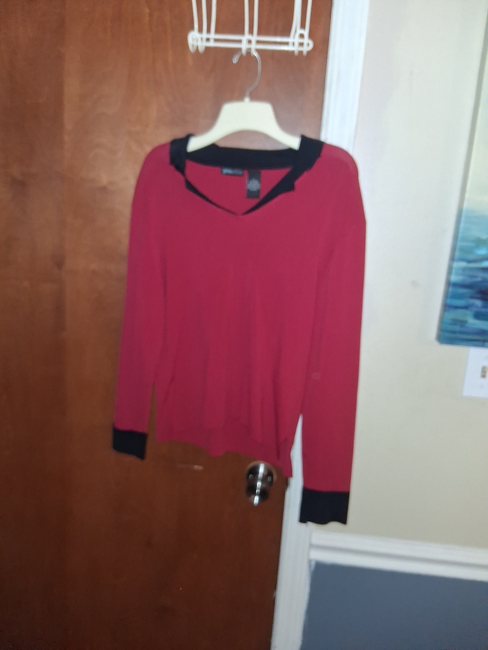 Women's Ruby Red Long-Sleeve V-Neck Sweater with Black Trim